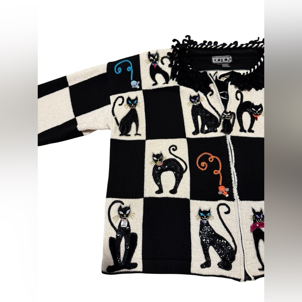 Vintage Cat Checkerboard Zip Sweater Jacket - Black & Cream